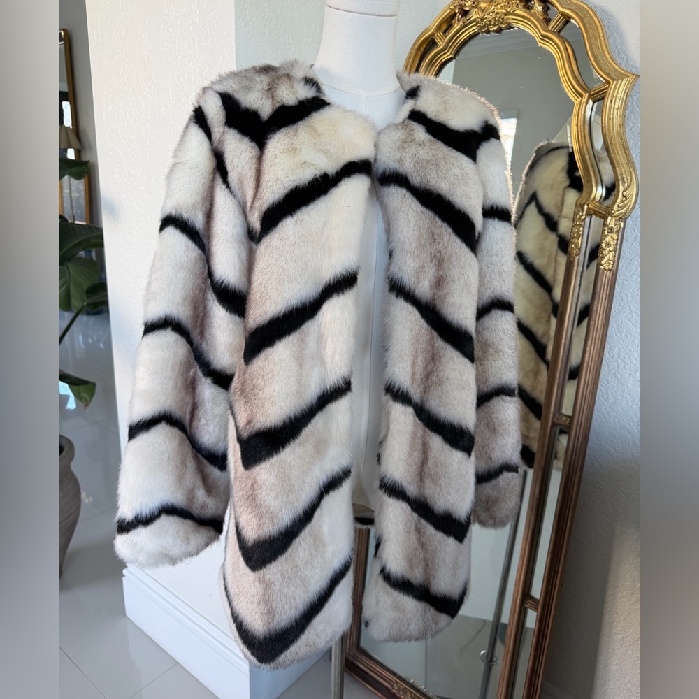 Vintage 60’s, 70’s Chevron Faux Black and White Fur Coat